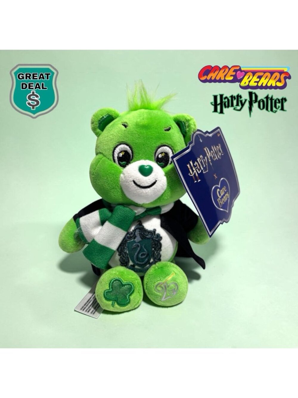 Harry Potter Care Bears Hogwarts Slytherin Good Luck Bear 8” Plush. NEW! NWT!